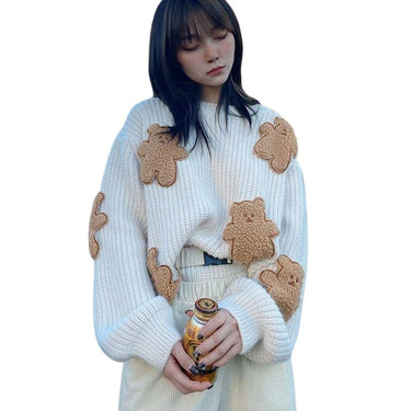 Fluffy Teddy Bear Patchwork Ribbed Knitted Sweater Kawaii Pullover Jumper Women's Jumper Korean Japanese Cute Sweet Loose from NSE Imports #1.